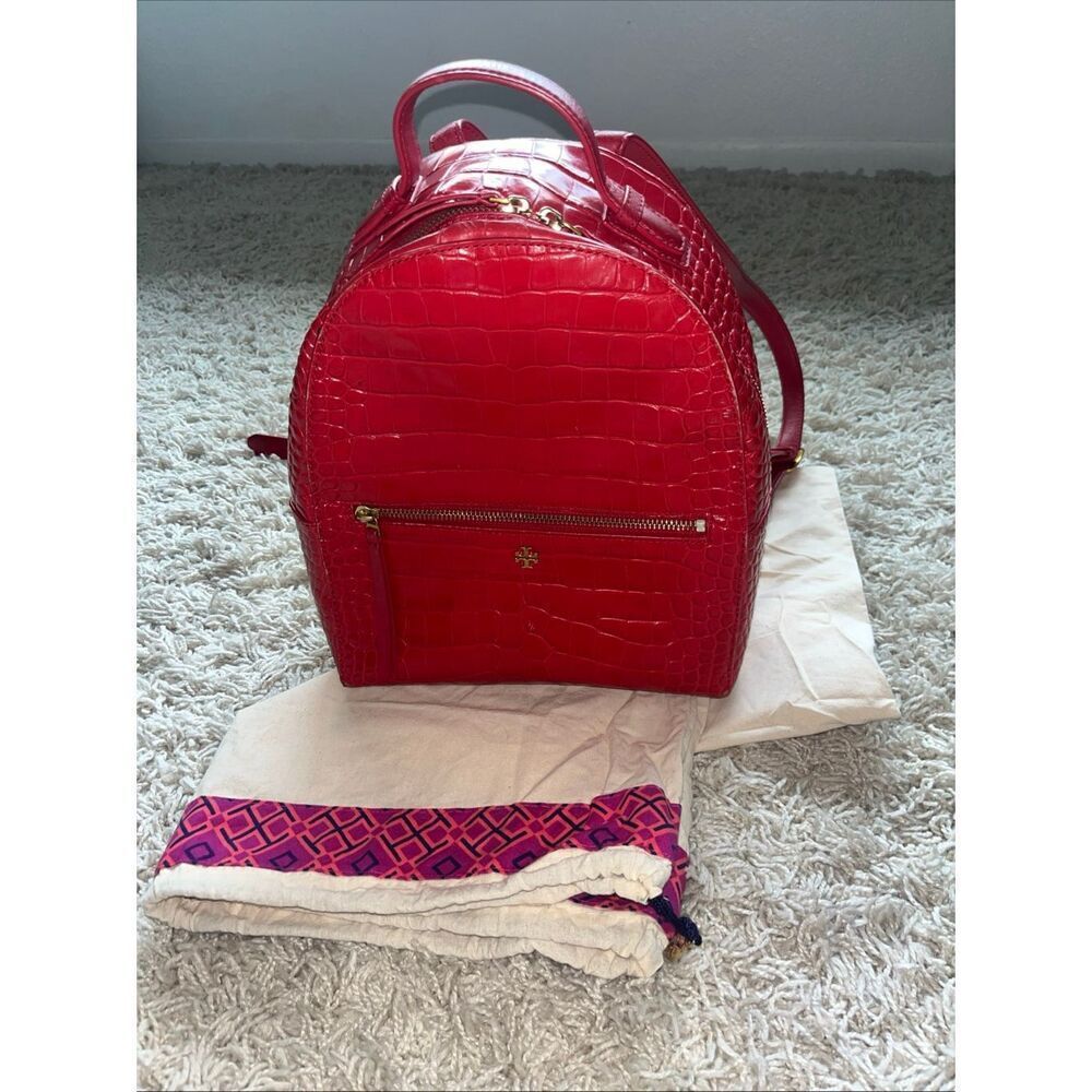 Tory Burch Mini Backpack Handbag Red Croc-Embossed Italian Leather Top Handle